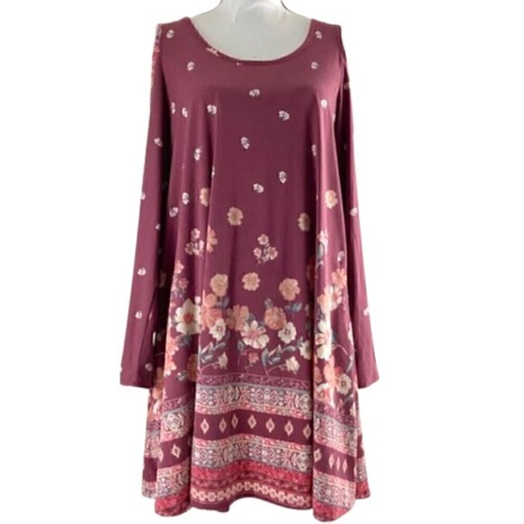 DEREK HEART Mauve Pink Floral Border Print Cold Shoulder Long Sleeve Shift Dress - Picture 3 of 15
